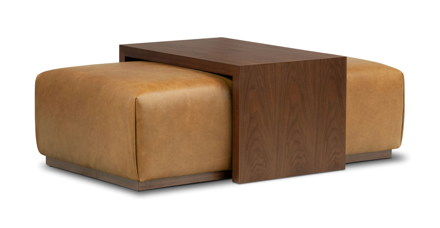 Pouf in pelle Jarmo con tavolo in noce