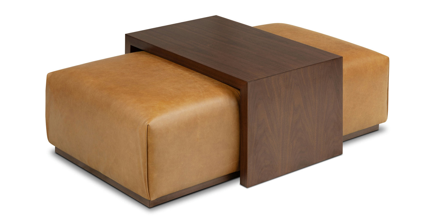 Pouf in pelle Jarmo con tavolo in noce