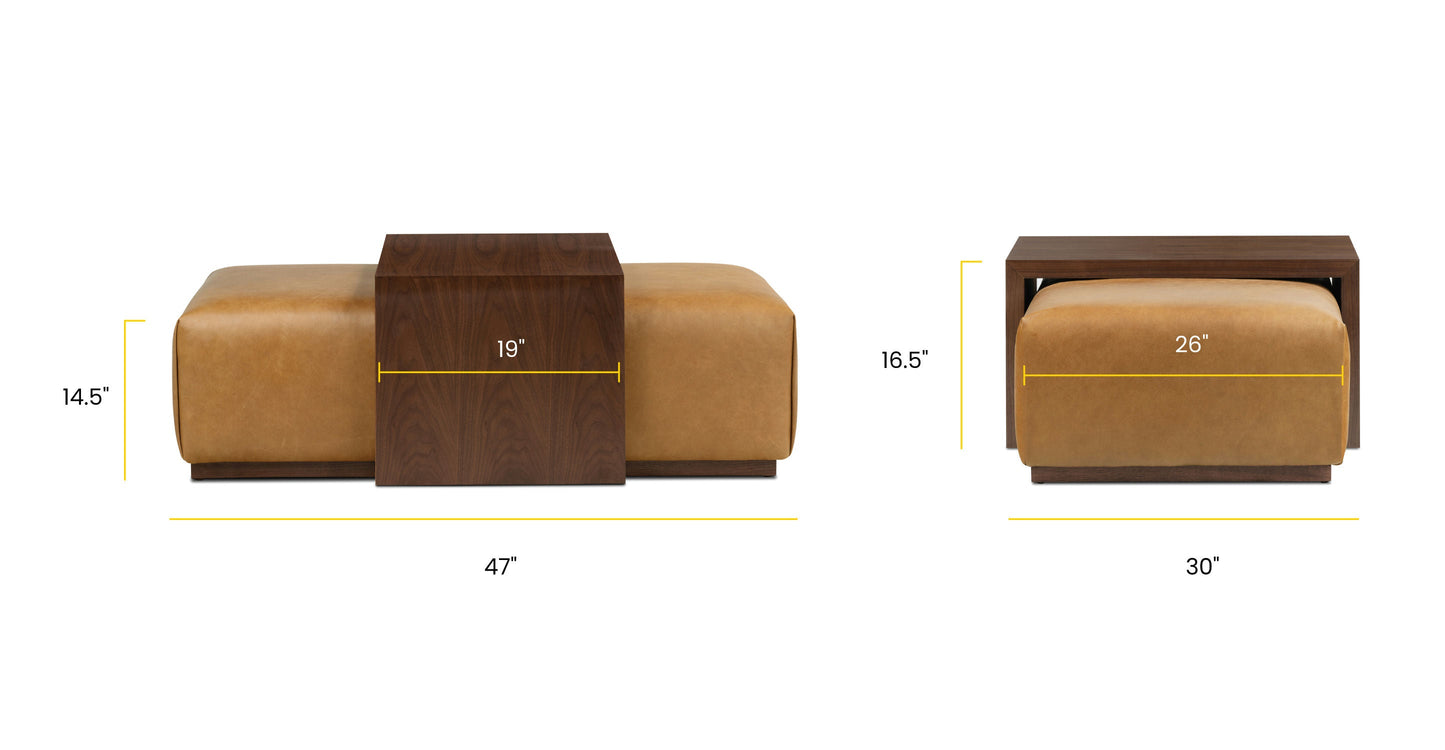 Pouf in pelle Jarmo con tavolo in noce