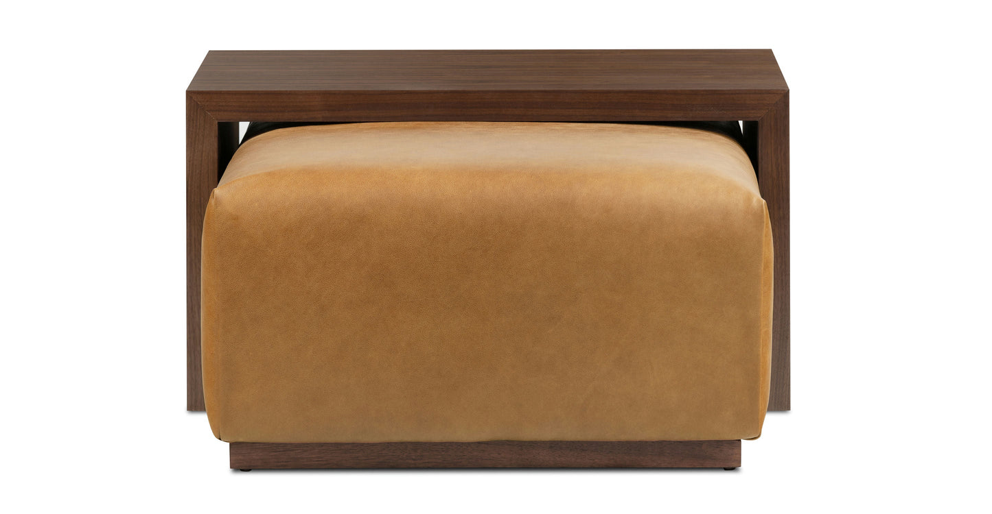 Pouf in pelle Jarmo con tavolo in noce